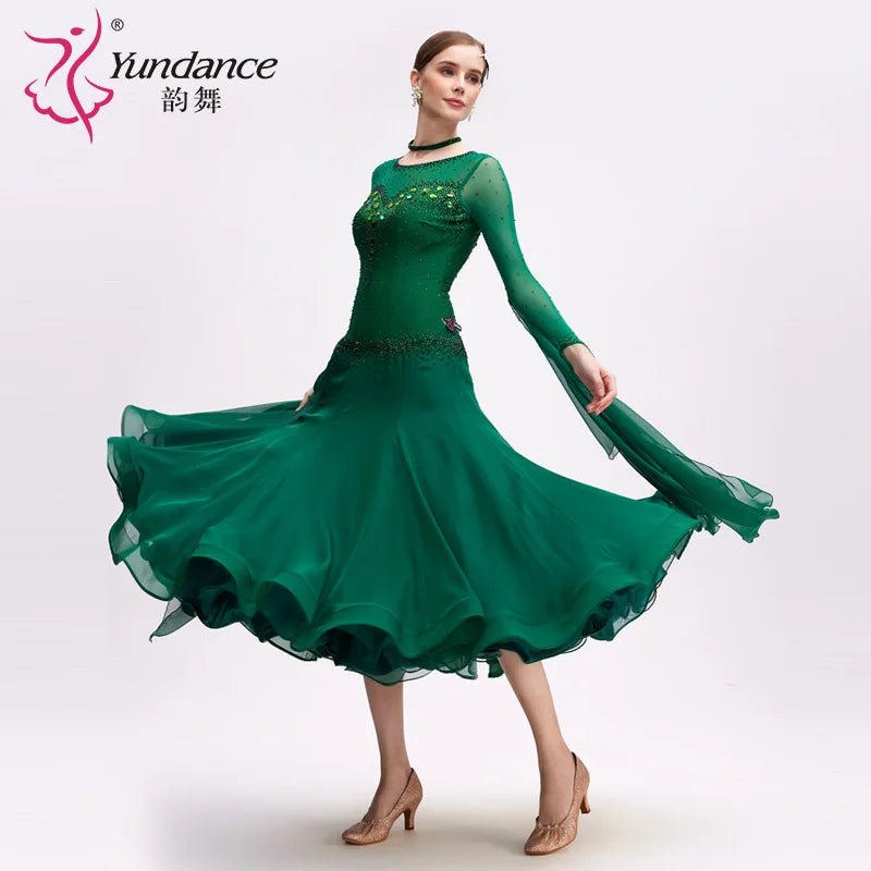 Women's Standard Ballroom Dance Dress Long Chiffon Green For Competition