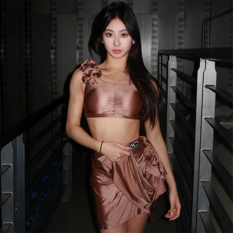Women's Bronze Satin Ruffled Crop Top and Mini Skirt Set, Latin Dance