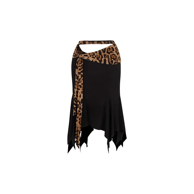 Women's Black & Leopard Print Halter Crop Top & Asymmetrical Skirt Latin Dancewear Set, Ruched V-Neck, Tie-Waist