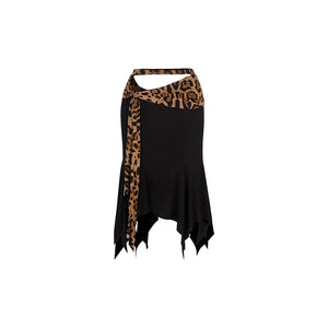 Women's Black & Leopard Print Halter Crop Top & Asymmetrical Skirt Latin Dancewear Set, Ruched V-Neck, Tie-Waist