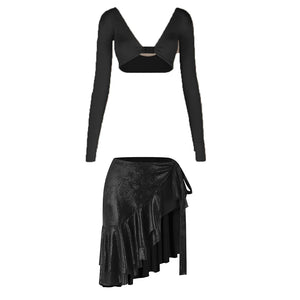 Women's Black Glitter Long Sleeve Crop Top and Leopard Print Ruffle Skirt Latin Dancewear, Women's Burgundy Glitter Long Sleeve Crop Top and Leopard Print Ruffle Skirt Latin Dancewear, Women's Gold Glitter Long Sleeve Crop Top and Leopard Print Ruffle Ski