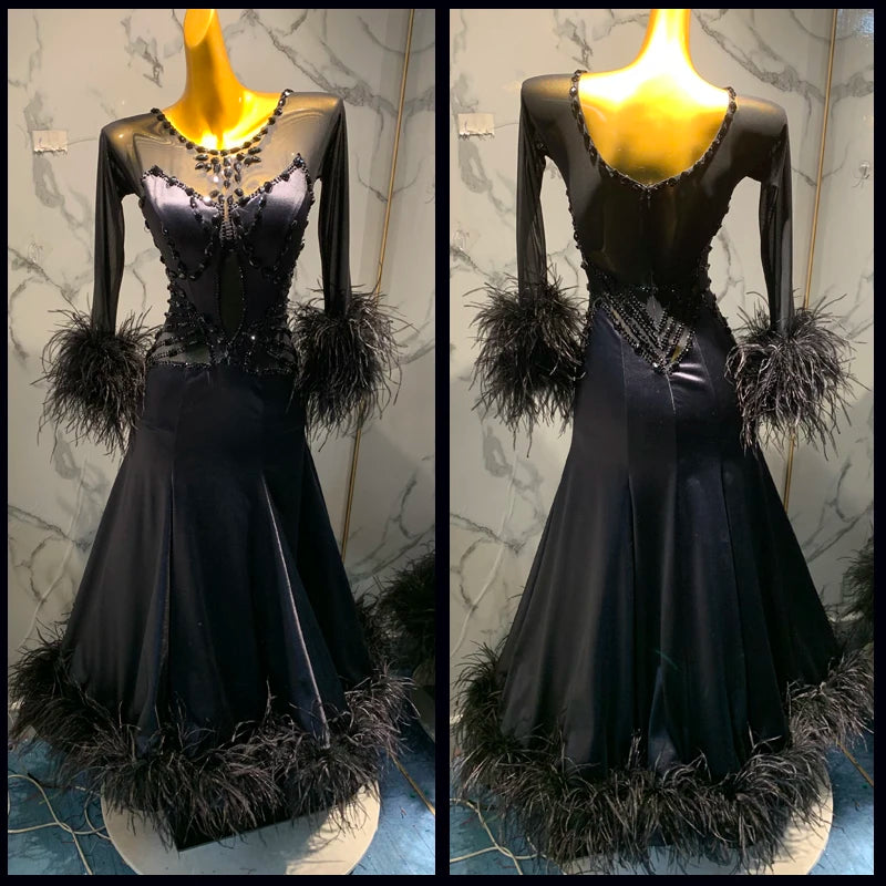 Women's Black Feathered Ballroom Dance Dress with Mesh Sleeves & Rhinestone Embellishments
