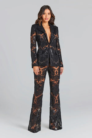 Women's Elegant Black Lace Two-Piece Set with Long Sleeve Jacket and Flared Pants