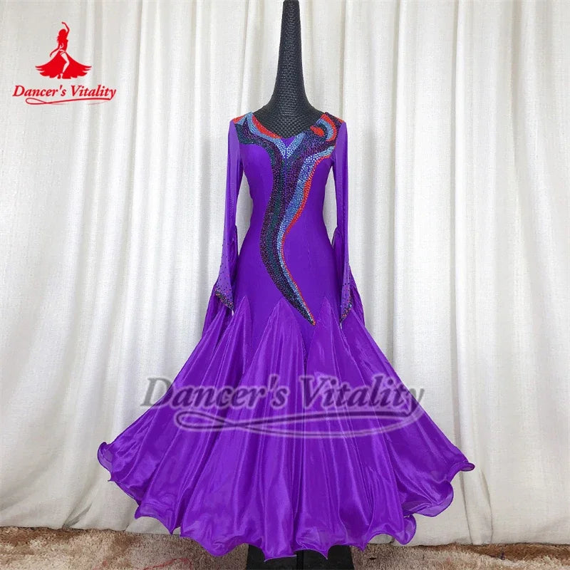 Women's Purple Ballroom Dance Dress with Long Sleeves and Embellished Bodice