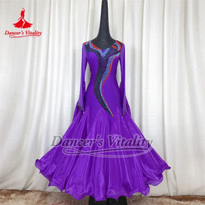 Women's Purple Ballroom Dance Dress with Long Sleeves and Embellished Bodice