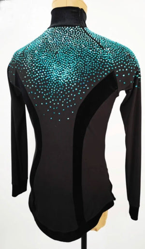 Dance Top Men's Black with Teal Rhinestones & Velvet Accents, Long Sleeve Turtleneck Ballroom Latin Dance Shirt