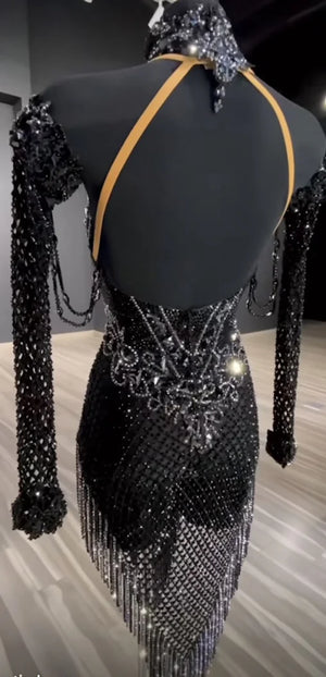 Latin Dance Dress Women's Black Sequined Beaded Fringe Sleeved Rhinestone Performance Gown
