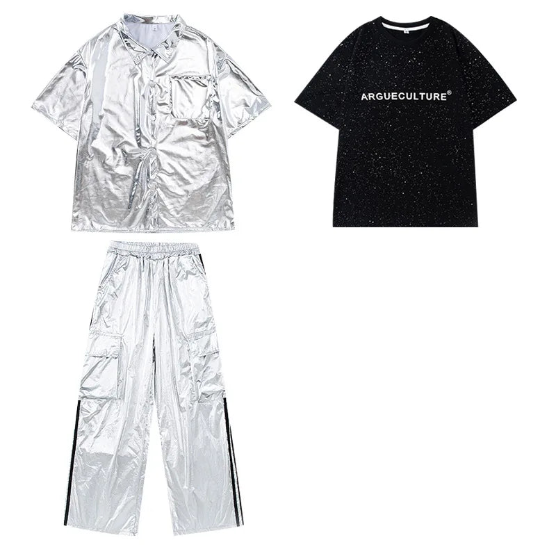 Kids' Silver Metallic Hip Hop Dance Costume Set, Loose Fit Short Sleeve Shirt & Cargo Pants