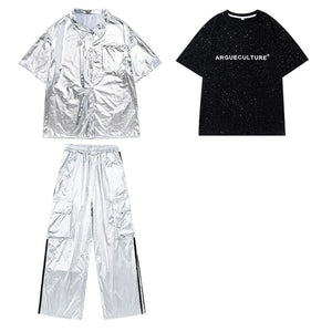 Kids' Silver Metallic Hip Hop Dance Costume Set, Loose Fit Short Sleeve Shirt & Cargo Pants