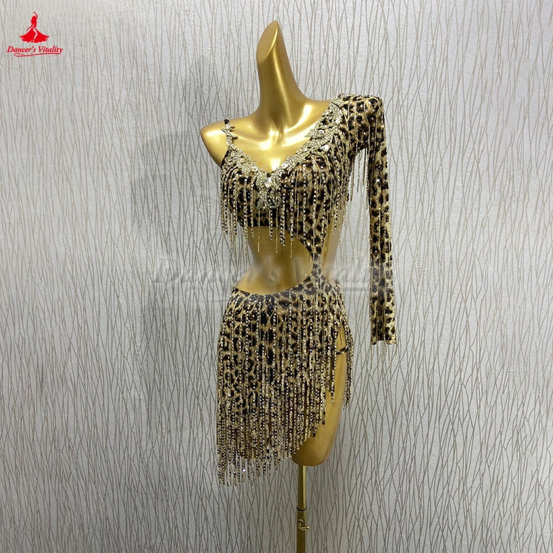 Women's Latin Ballroom Dance Dress AB Rhinestone Embellished Leopard Print For Competition