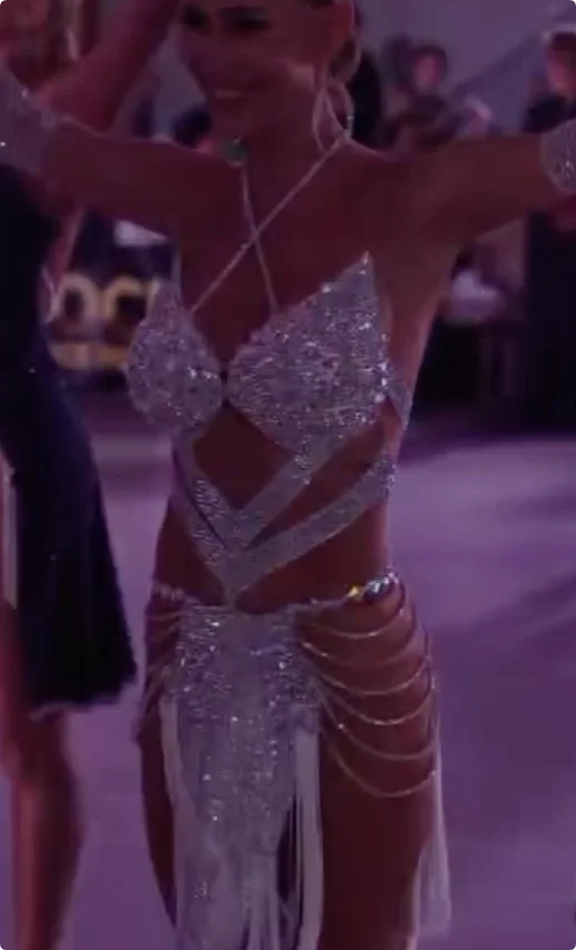 Women's Silver Sequin & Rhinestone Open Back Latin Dance Dress with Strappy Skirt