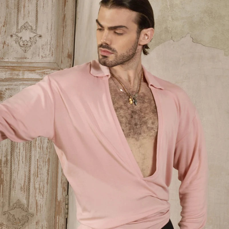 Men's Long Sleeve Deep V-Neck Dance Shirt, Black/Pink/Cream/Brown, Polyester/Spandex Blend, Latin/Ballroom Dance
