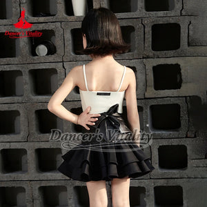 Girls' Ivory & Black Lace Spaghetti Strap Ruffle Latin Dance Dress