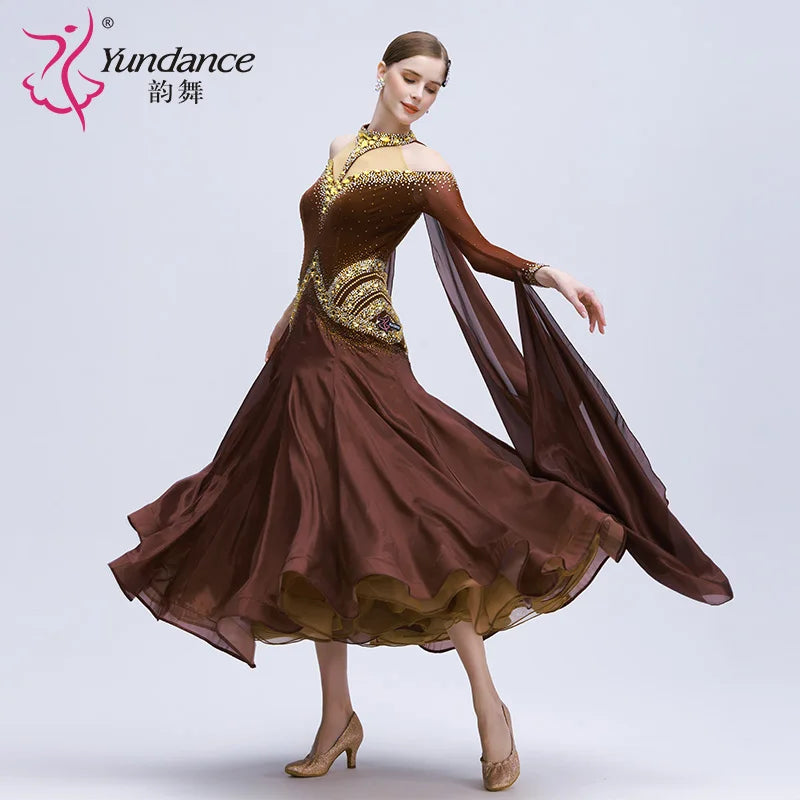 Women's Standard Ballroom Dance Dress With Rhinestones Long Chiffon Coffee For Competition