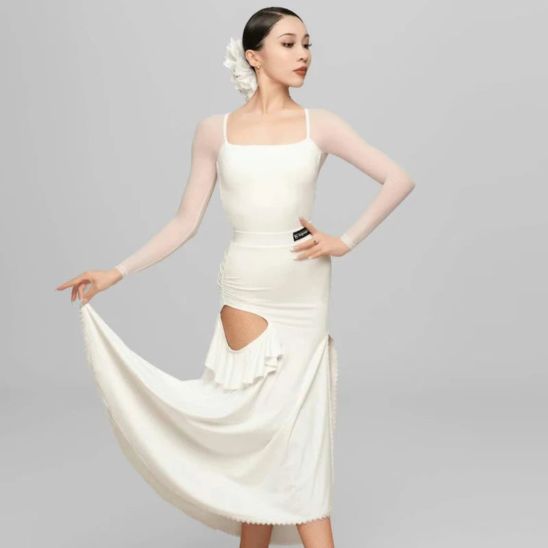 Women's White & Brown Square Neck Long Sleeve Ruffled Latin Dance Dress with Mesh Sleeves