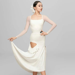 Women's White & Brown Square Neck Long Sleeve Ruffled Latin Dance Dress with Mesh Sleeves