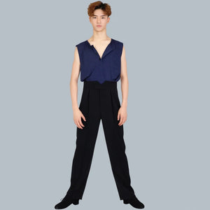 Men's Gray & Navy Ribbed Sleeveless Henley Dance Top with High-Waisted Black Pants, Modern Lyrical Ballet Contemporary Dancewear