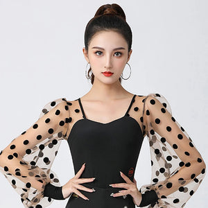 Women's Black Polka Dot Mesh Sleeve Latin Dance Top