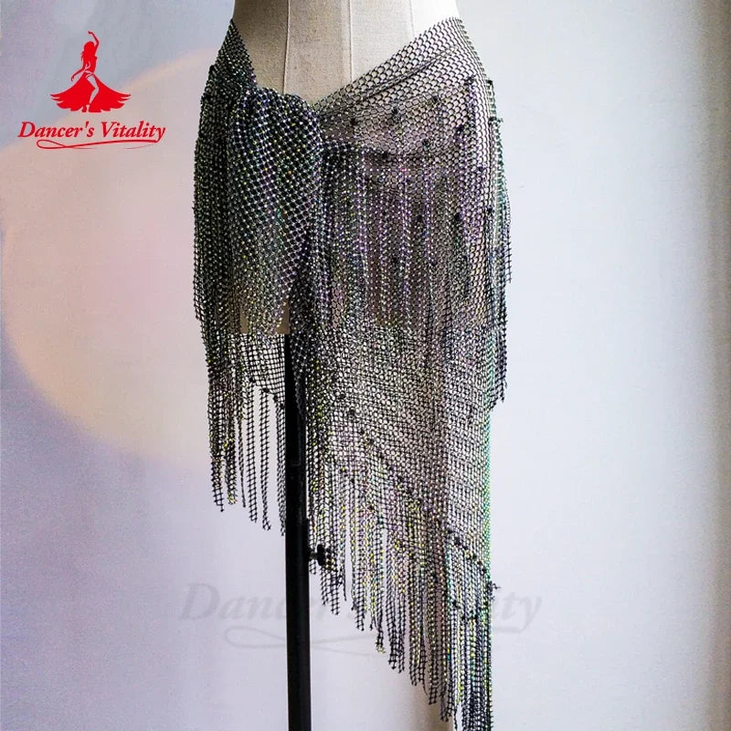 Belly Dance Hip Scarf, Women's Teal Blue Sequin Fringe Mesh Skirt, Latin Dance Hip Wrap