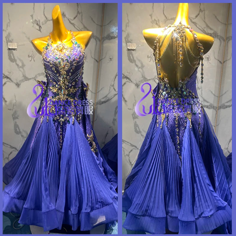 Ballroom Dance Dress Women's Royal Blue Halter Neck Beaded Pleated Skirt Standard Smooth Gown