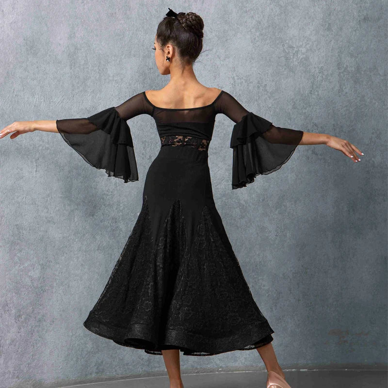 Women's Black Lace Ballroom Dance Dress with Bell Sleeves