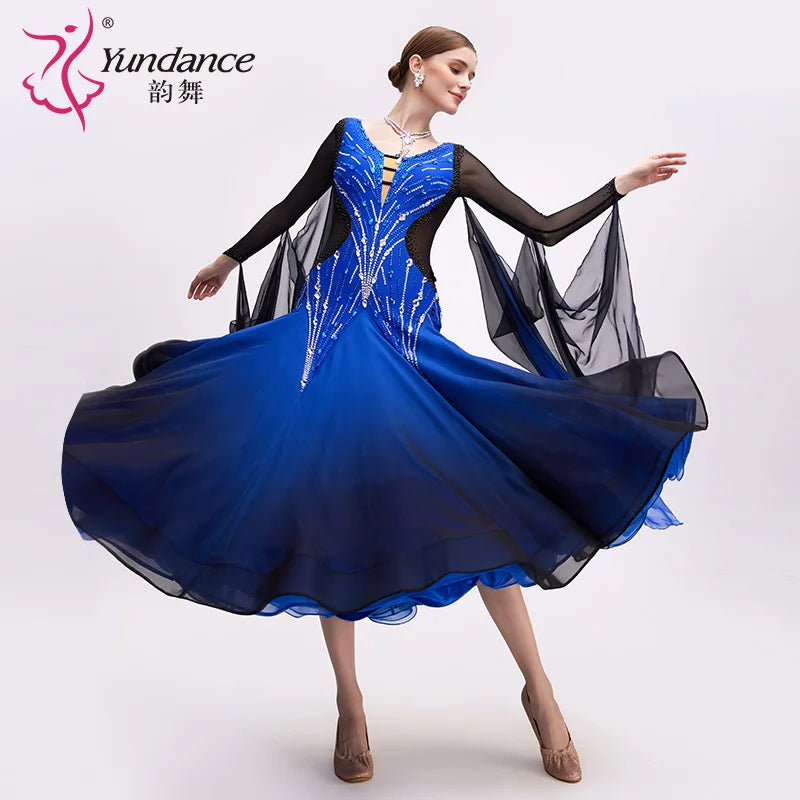 Women's International Standard Ballroom Dance Dress In Black-Blue Ombre Chiffon For Competition