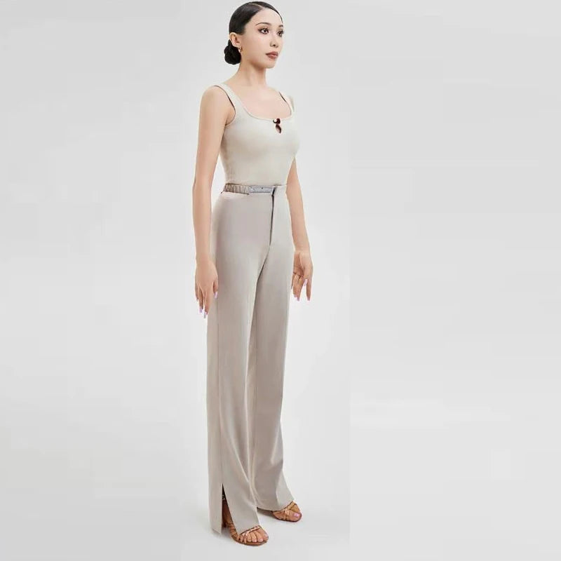 Women's Black and Beige Square Neck Bodysuit with Keyhole and Wide Leg Dance Trousers for Ballroom Dance