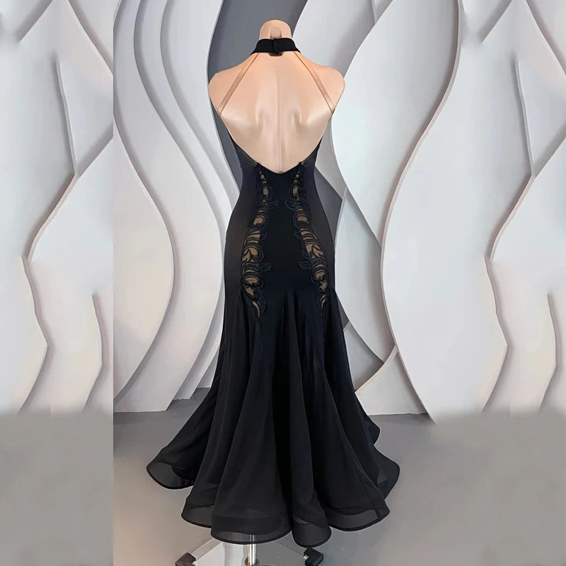 Women's Black Halter Neck Rhinestone Embellished Backless Ballroom Dance Dress