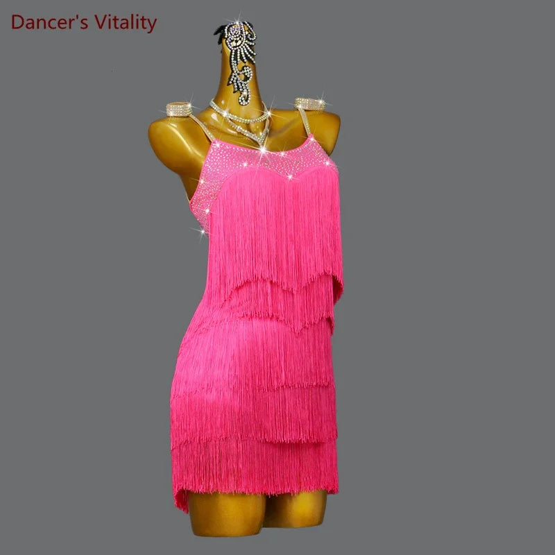 Women's Hot Pink Fringe Sequin Spaghetti Strap Latin Dance Dress