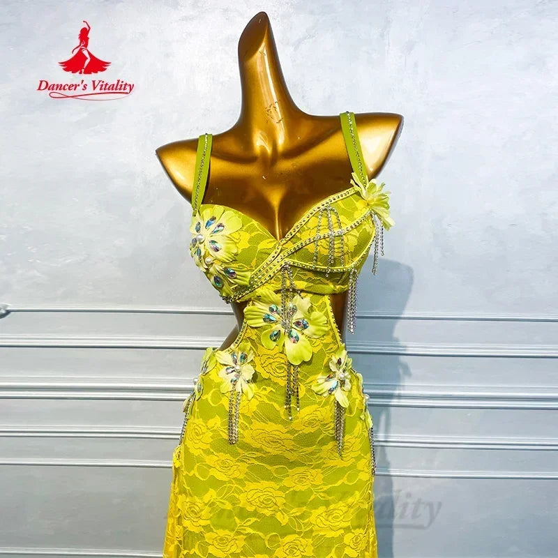 Women's Belly Dance Costume With Rhinestone Floral Tassels For Performance And Competition
