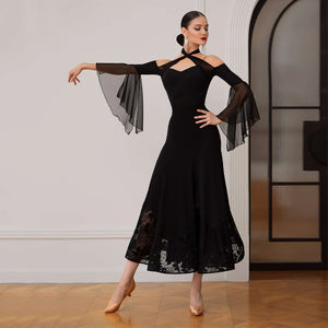 Women's Black Cold Shoulder Mesh Sleeve Lace Hem Ballroom Dance Dress