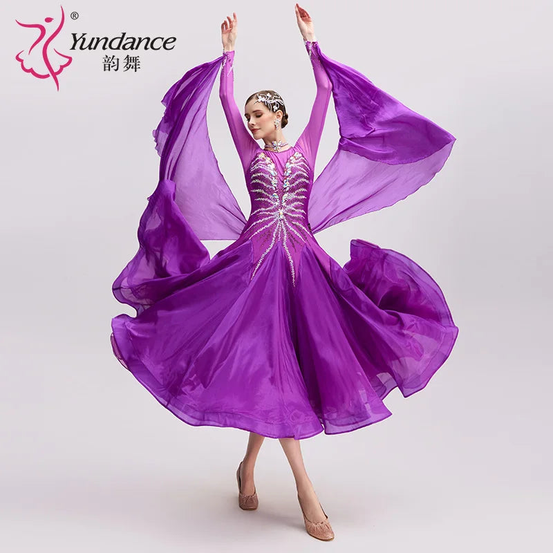 Women's International Standard Ballroom Dance Dress Purple Chiffon For Competition