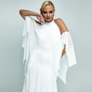 Women's White Chiffon & Lace Halter Neck Asymmetrical Overlay Ballroom Dance Dress