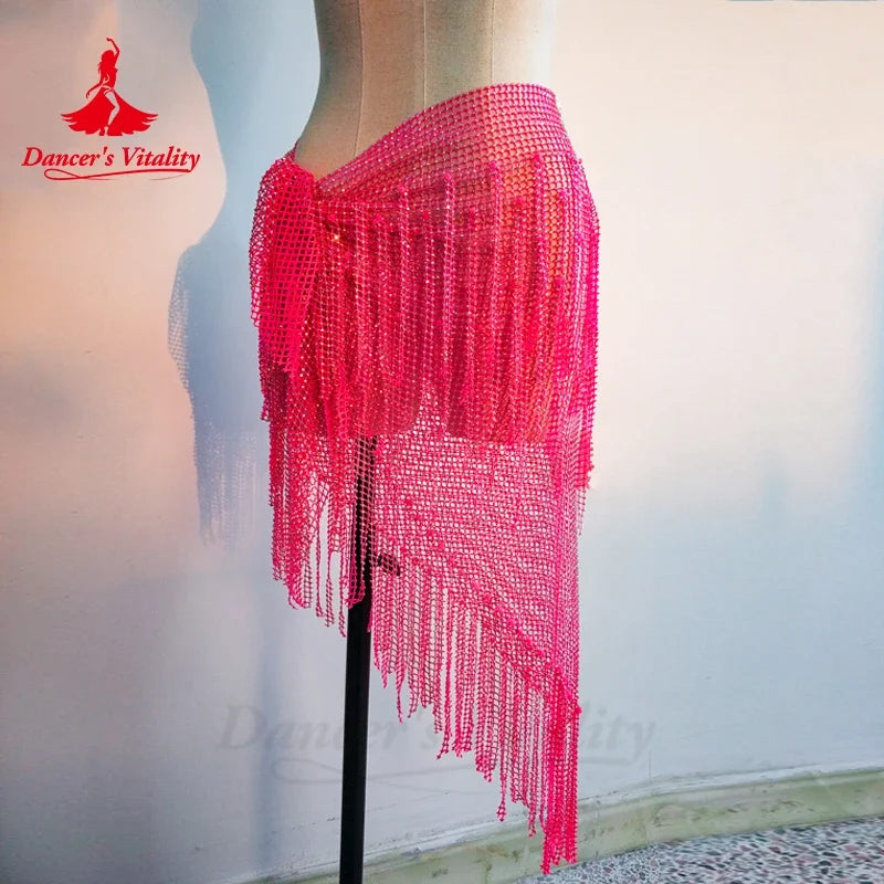 Belly Dance Hip Scarf, Women's Teal Blue Sequin Fringe Mesh Skirt, Latin Dance Hip Wrap