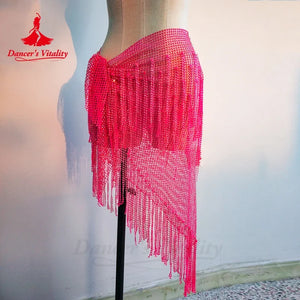 Belly Dance Hip Scarf, Women's Teal Blue Sequin Fringe Mesh Skirt, Latin Dance Hip Wrap