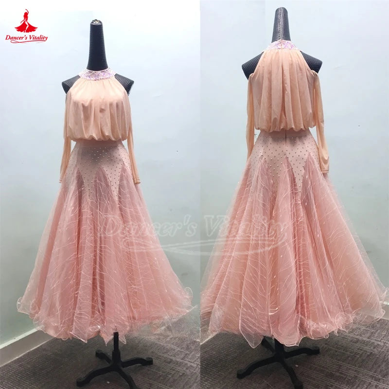 Women's Standard Ballroom Waltz Dance Dress With Long-Sleeve Lace Full Swing Skirt For Performance And Competition