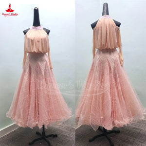 Women's Standard Ballroom Waltz Dance Dress With Long-Sleeve Lace Full Swing Skirt For Performance And Competition