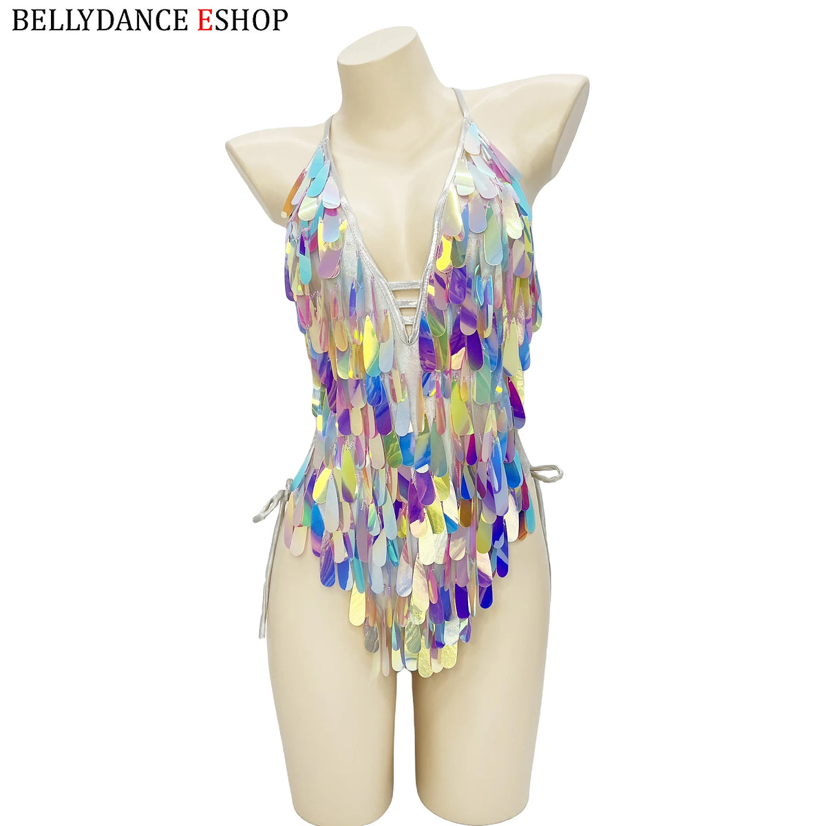 Women's Iridescent Sequin Fringe Halter Bodysuit, Belly Dance/Stage Wear