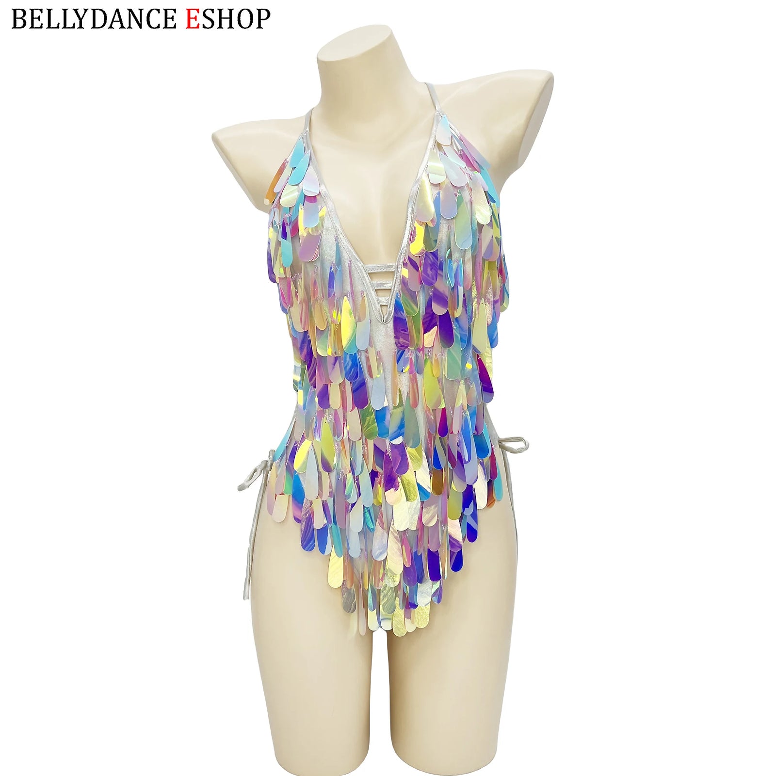 Women's Iridescent Sequin Fringe Halter Bodysuit, Belly Dance/Stage Wear