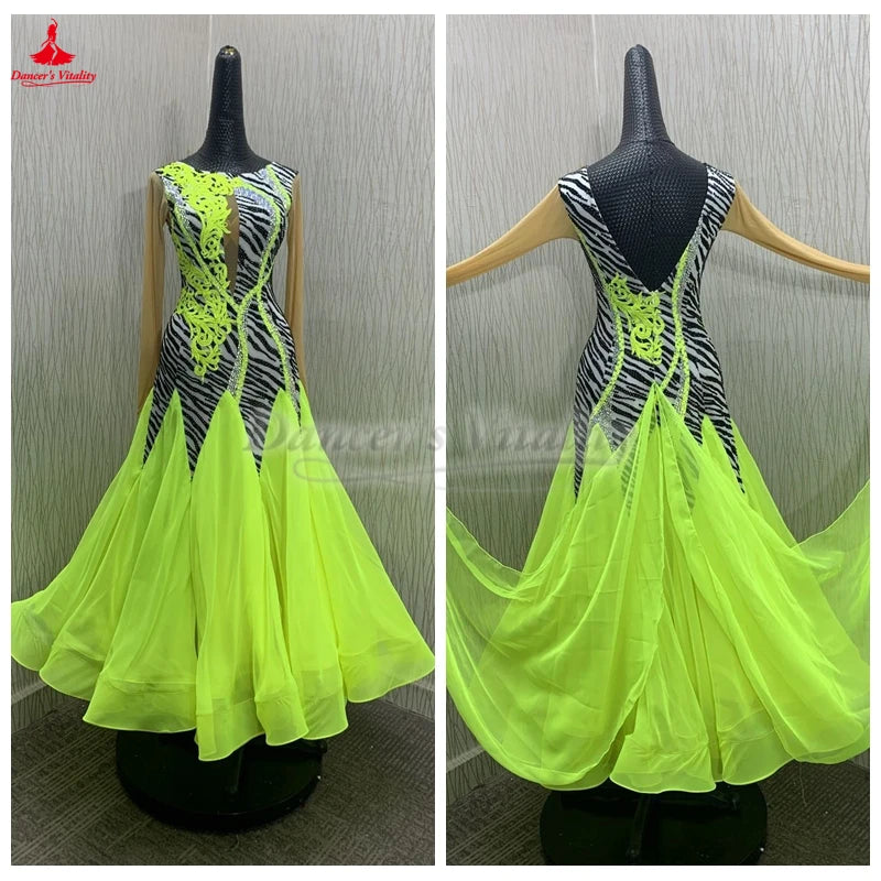 Ballroom Dance Dress Women's Black & White Zebra Print with Neon Yellow Lace & Chiffon Panels, Long Sleeve Standard Smooth