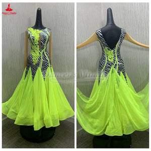 Ballroom Dance Dress Women's Black & White Zebra Print with Neon Yellow Lace & Chiffon Panels, Long Sleeve Standard Smooth
