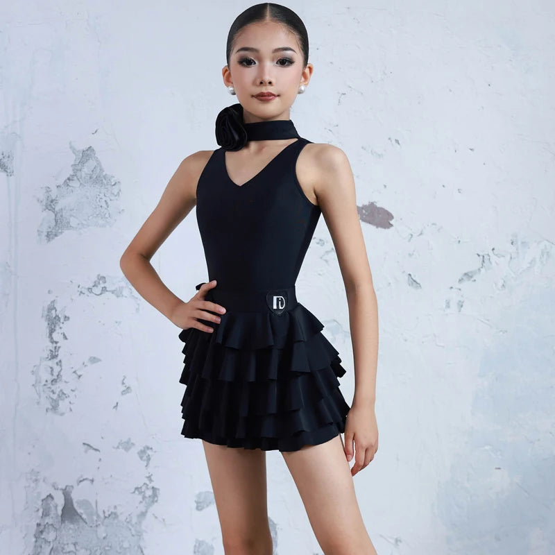 Girls' Pink V-Neck Ruffled Skirt Latin Dance Dress with Floral Choker, Black V-Neck Ruffled Skirt Latin Dance Dress with Floral Choker