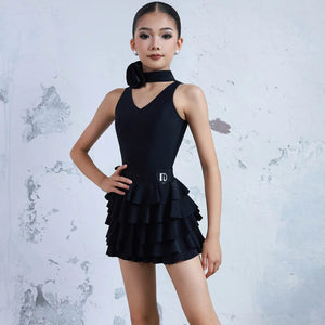 Girls' Pink V-Neck Ruffled Skirt Latin Dance Dress with Floral Choker, Black V-Neck Ruffled Skirt Latin Dance Dress with Floral Choker