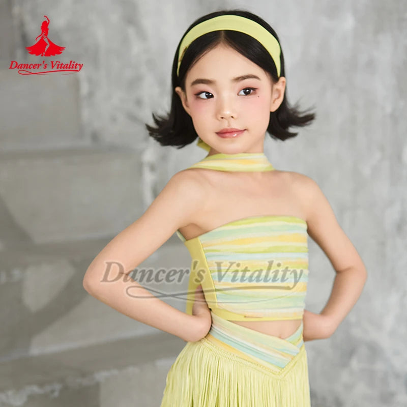 Girls Pink Striped Strapless Fringe Latin Dance Dress