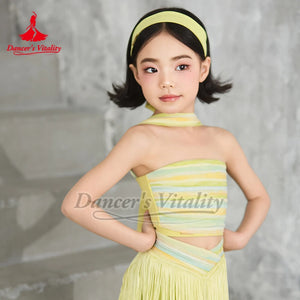 Girls Pink Striped Strapless Fringe Latin Dance Dress