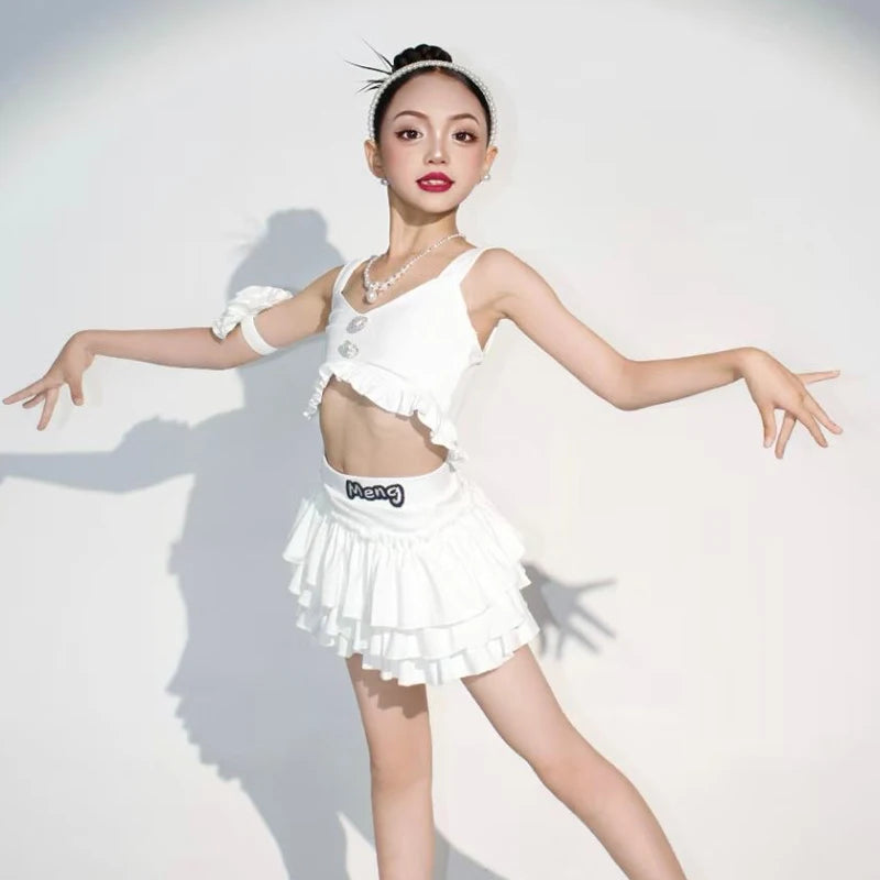 Girls Latin Dance Costume, White/Red/Pink Ruffled Crop Top & Skirt Set with Buttons, Performance/Practice Outfit