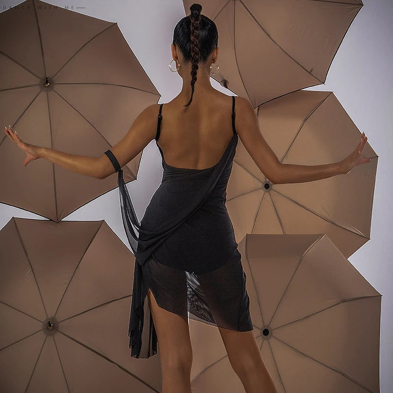 Women's Blue Ruched Draped Mesh Latin Dance Dress