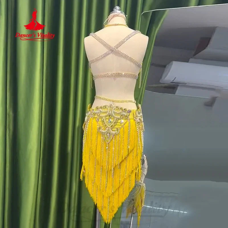 Belly Dance Costume Set With Pearl-Embellished Bra And Tassel Skirt For Adult & Kids Performance