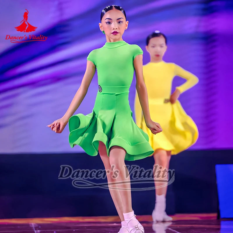 Girls Green Short Sleeve Ruffled Latin Dance Dress