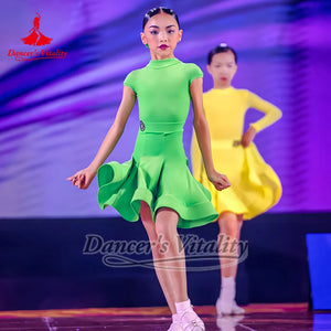 Girls Green Short Sleeve Ruffled Latin Dance Dress
